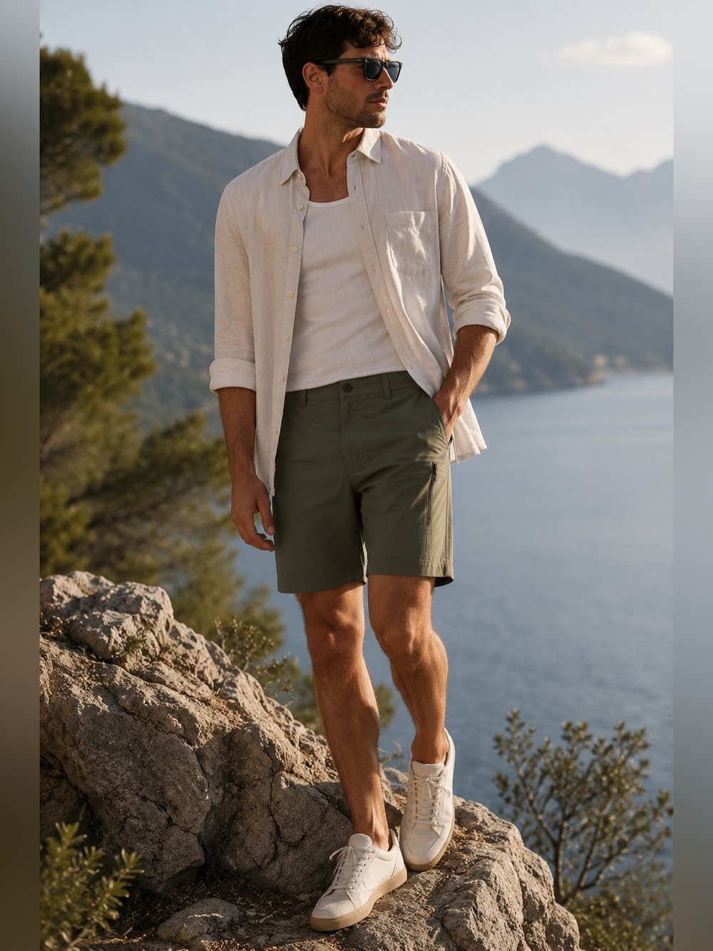 RIPZONE Neys Hybrid Shorts Sz 34 Cypress Olive UPF 40 Quick Dry Zip Pockets
